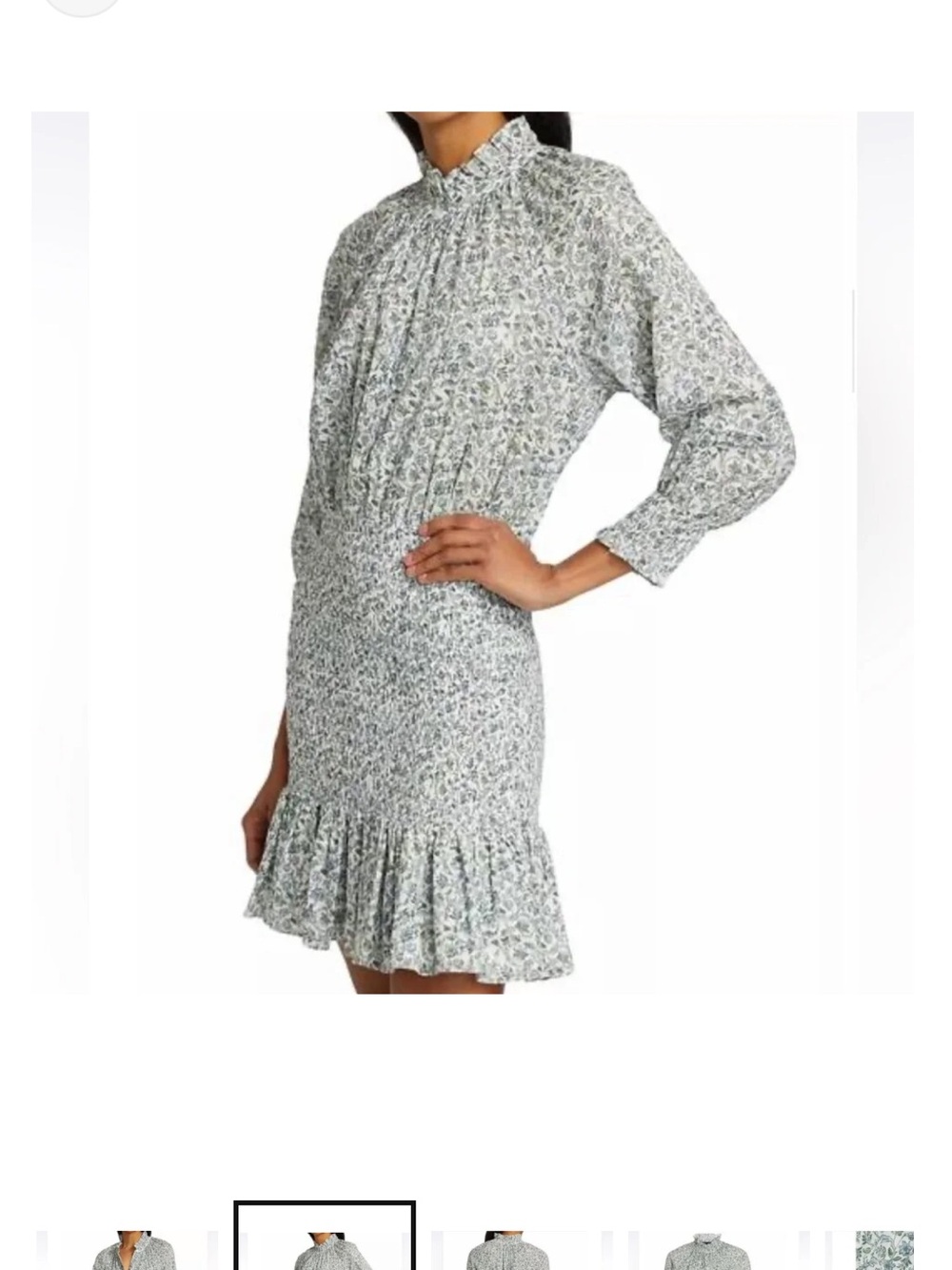 Veronica Beard White and Green Floral Long-Sleeve Ruffle Mini Dress